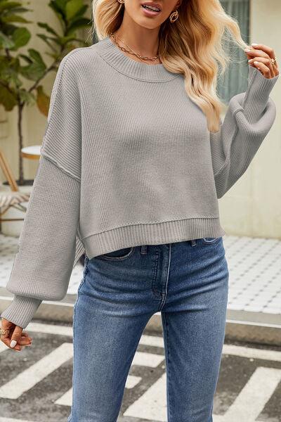 Round Neck Dropped Shoulder Crop Sweater - Sweater