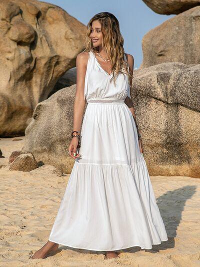 V-Neck Tie Shoulder Crochet Maxi Dress - Dresses