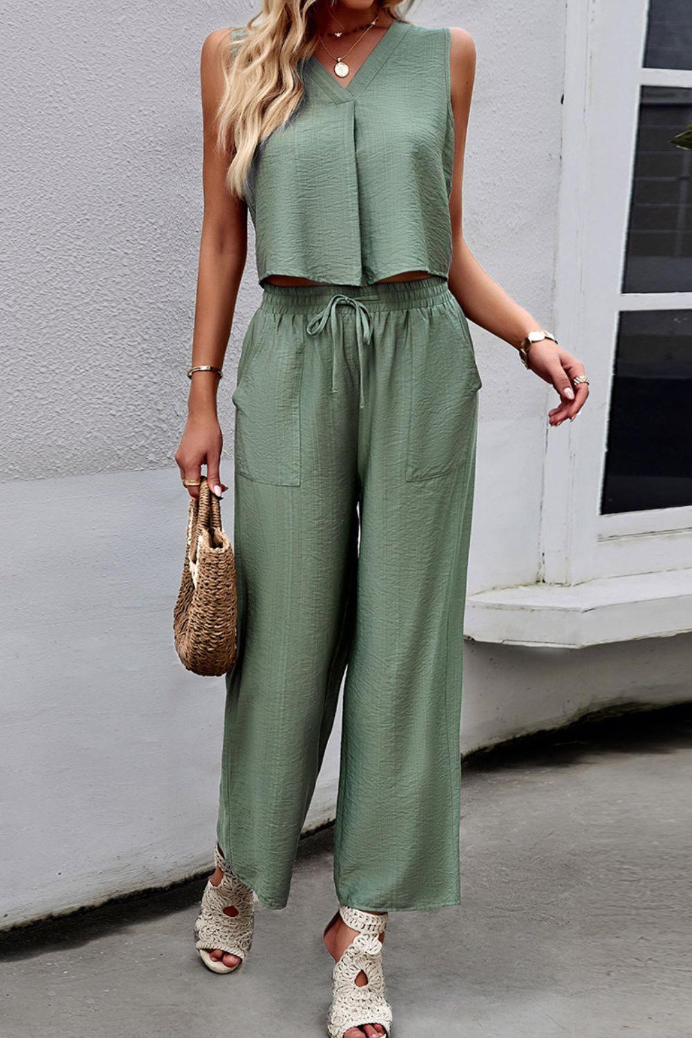 V-Neck Tank and Drawstring High Waist Pants Set - Pant & Top