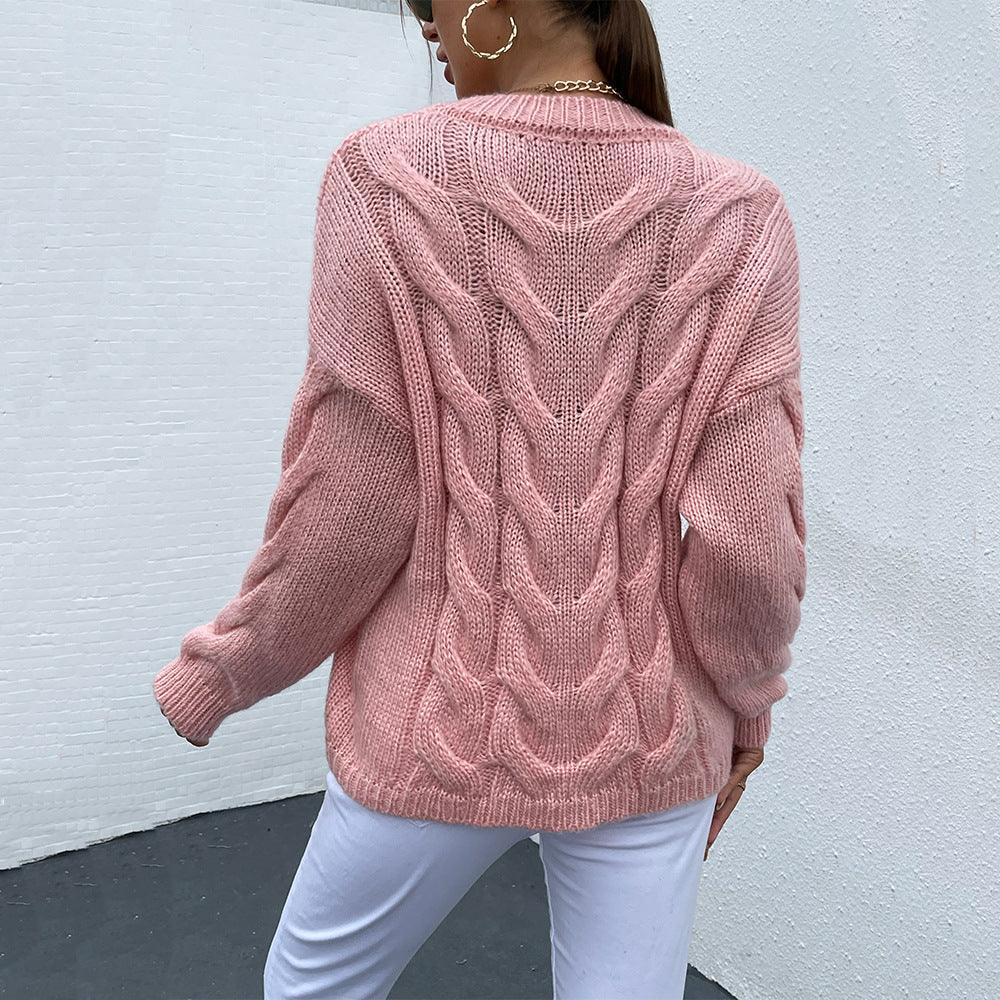 Cable-Knit Round Neck Pullover Sweater - Sweater