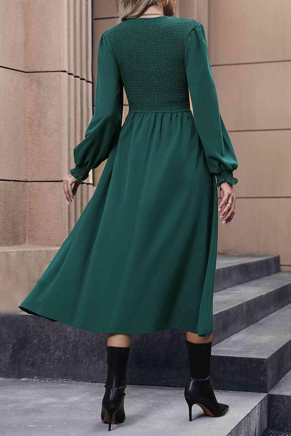 Smocked Long Sleeve Midi Dress - Dresses