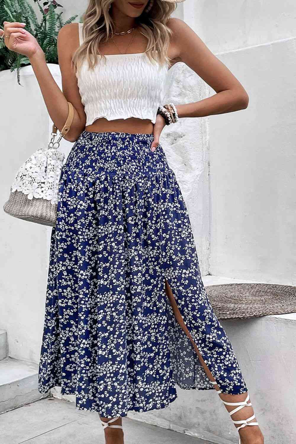 Ditsy Floral Slit High Waist Midi Skirt