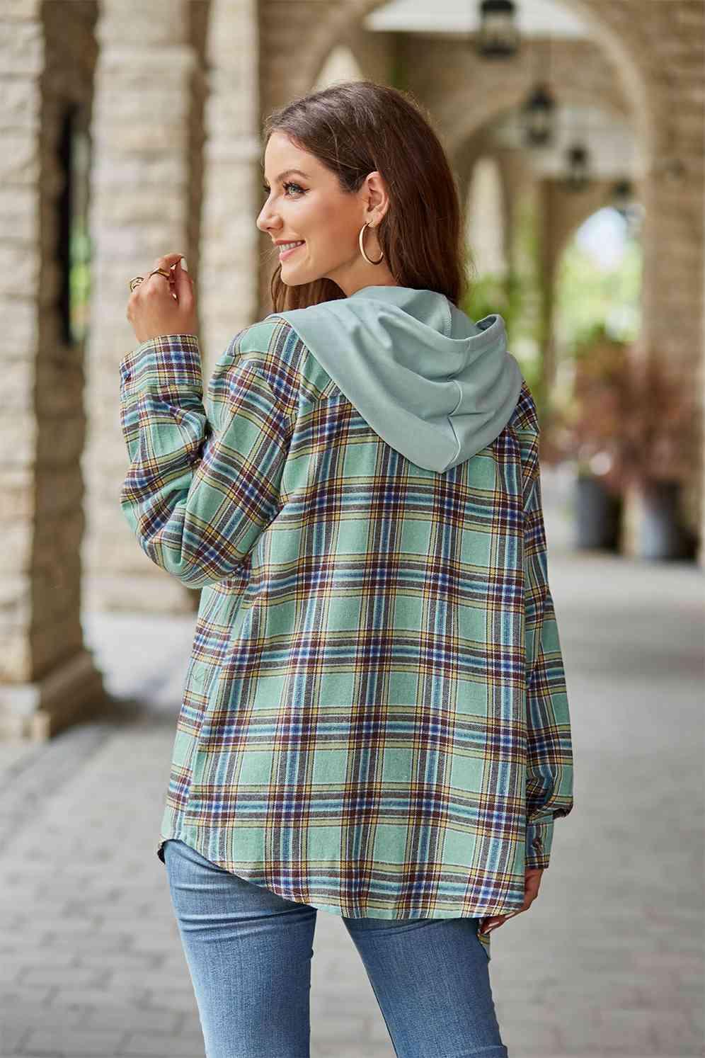 Plaid Long Sleeve Hooded Shacket - Jacket