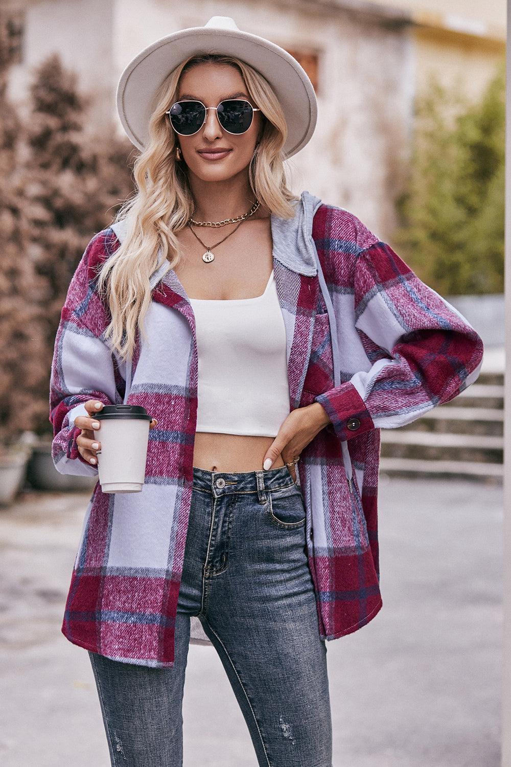 Plaid Dropped Shoulder Hooded Shacket - Jacket