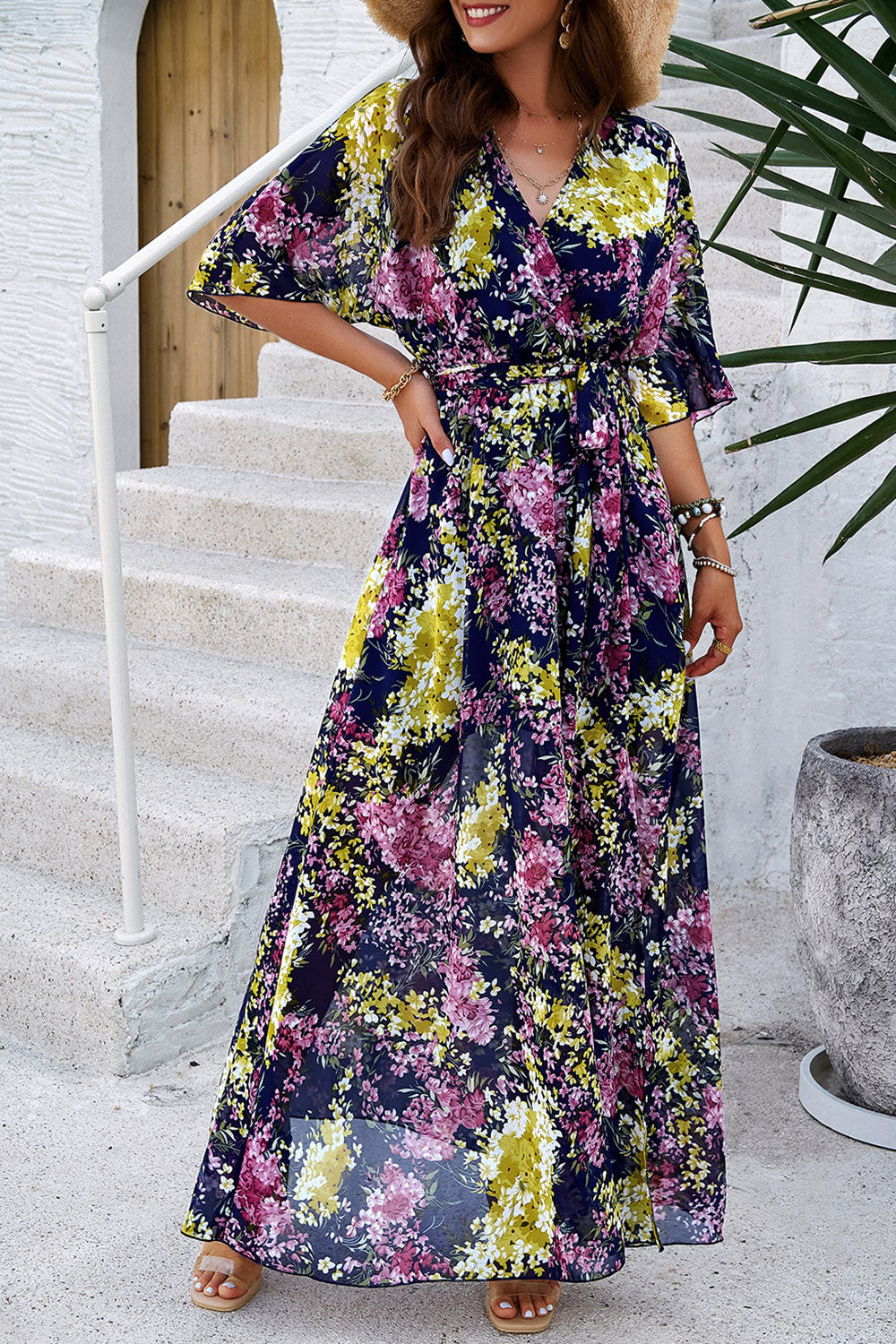 Printed Tied Half Sleeve Slit Maxi Dress