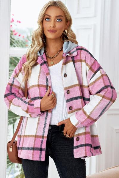 Button Up Plaid Hooded Shacket - Jacket