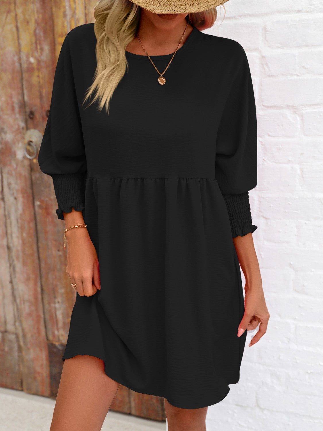 Round Neck Long Lantern Sleeve Mini Dress