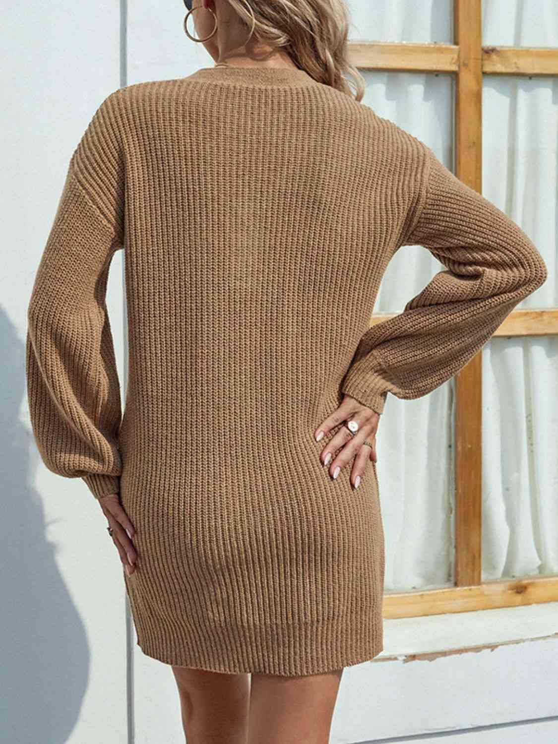 Buttoned V-Neck Sweater Dress - Dresses