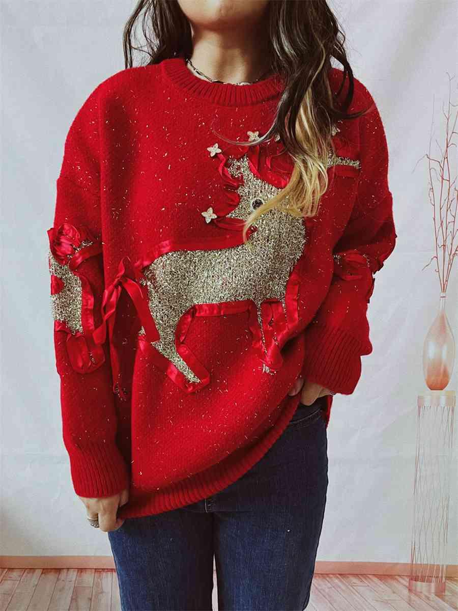 Christmas Reindeer Drop Shoulder Sweater - Sweater