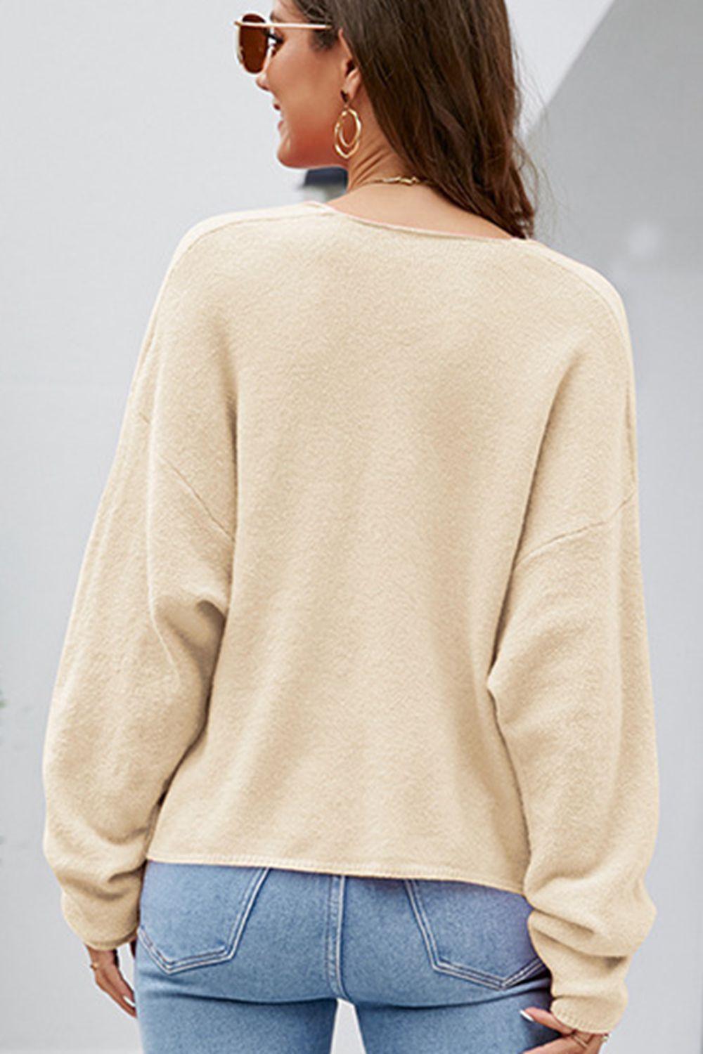 V-Neck Center Seam Drop Shoulder Sweater - Sweater