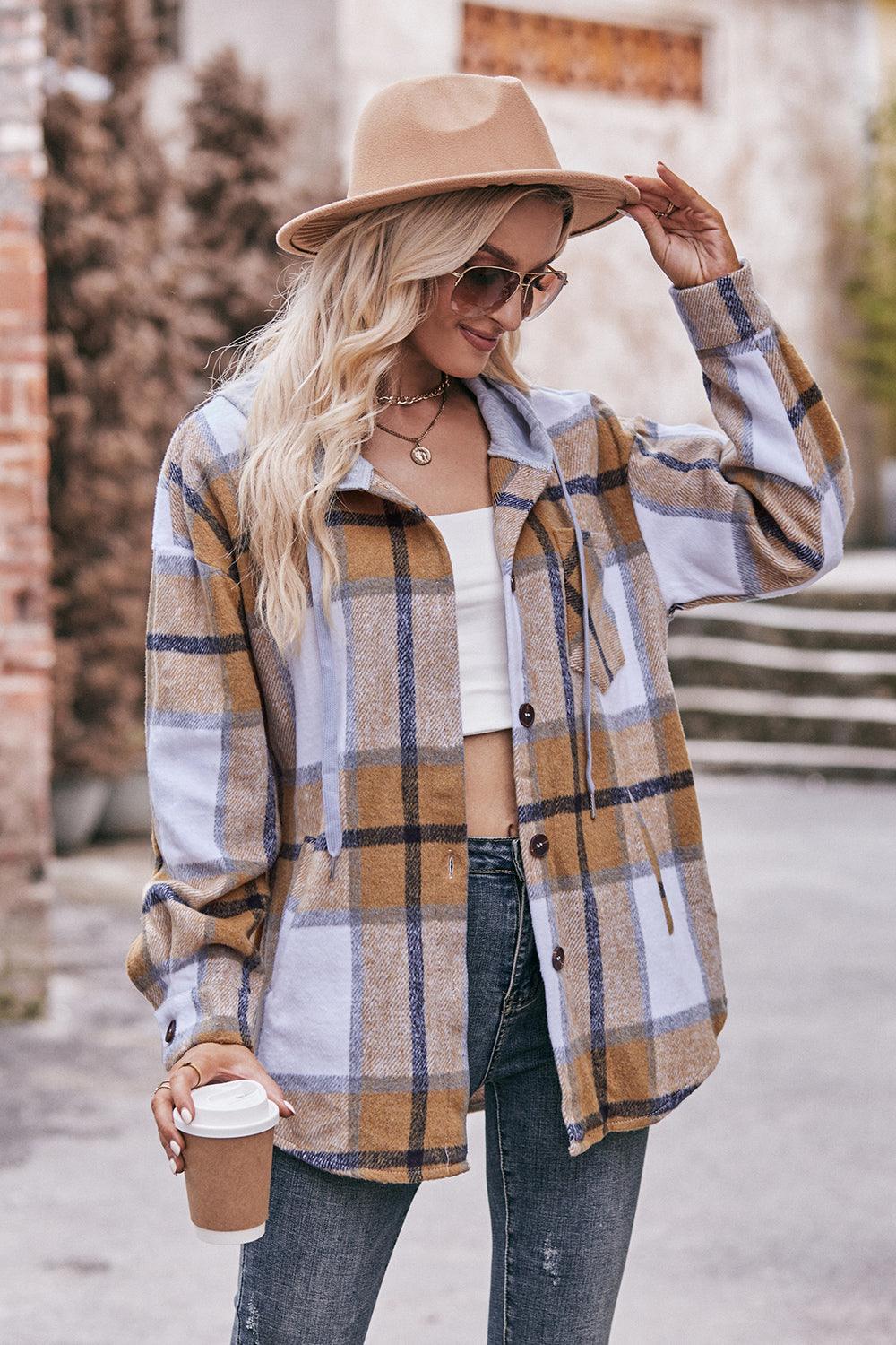 Plaid Dropped Shoulder Hooded Shacket - Jacket