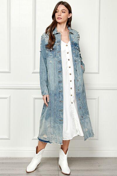 Veveret Distressed Pearl Detail Denim Jacket - Jacket