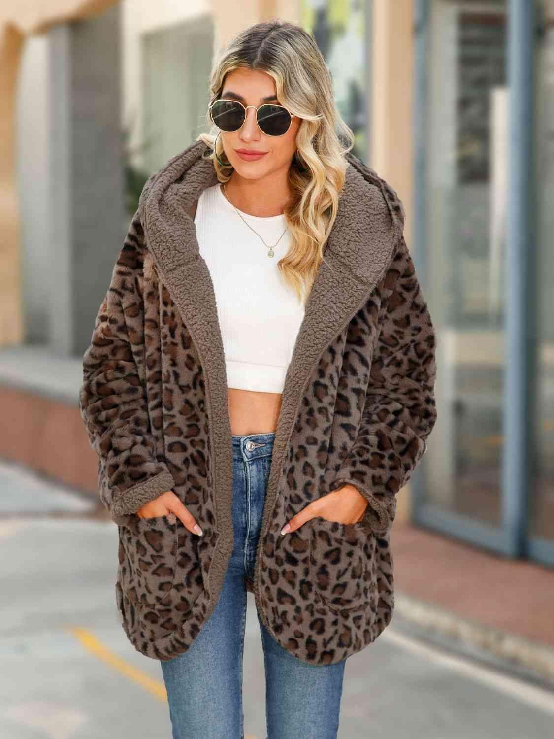 Leopard Hooded Fleece Coat - Coat