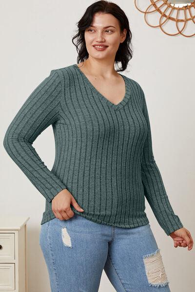 Basic Bae Ribbed V-Neck Long Sleeve Top - Top