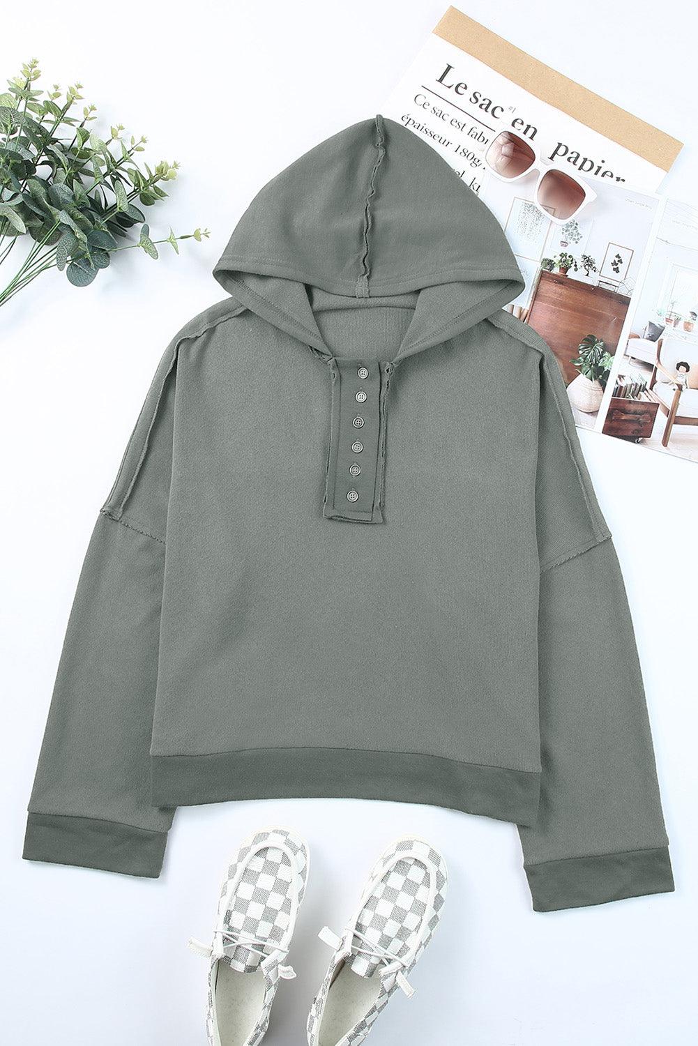 Quarter-Button Exposed Seam Dropped Shoulder Hoodie - Hoodie