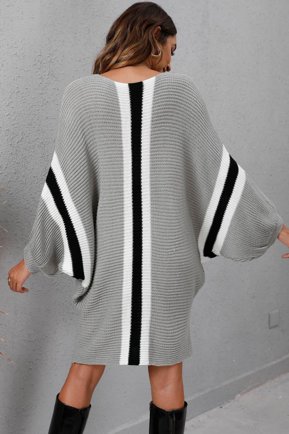 Ribbed Round Neck Long Sleeve Sweater Dress - Dresses