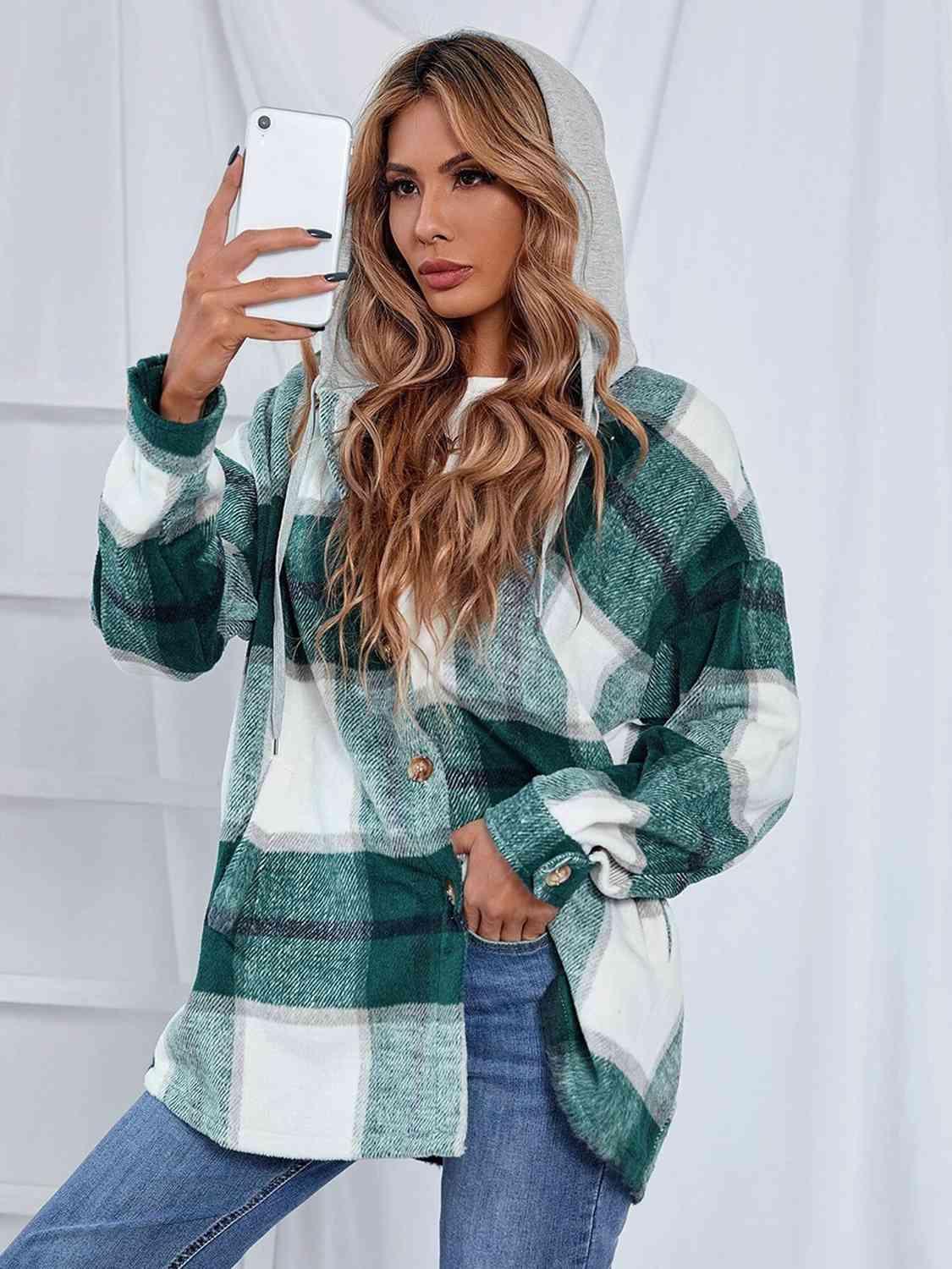 Plaid Hooded Shacket - Jacket