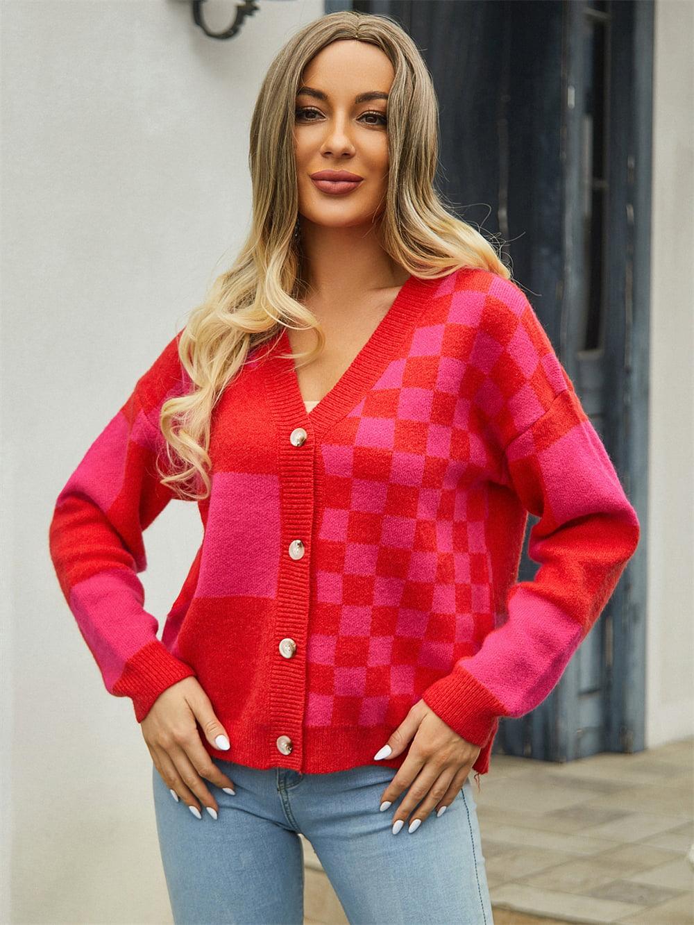 Checkered V-Neck Dropped Shoulder Sweater Cardigan - Cardigan