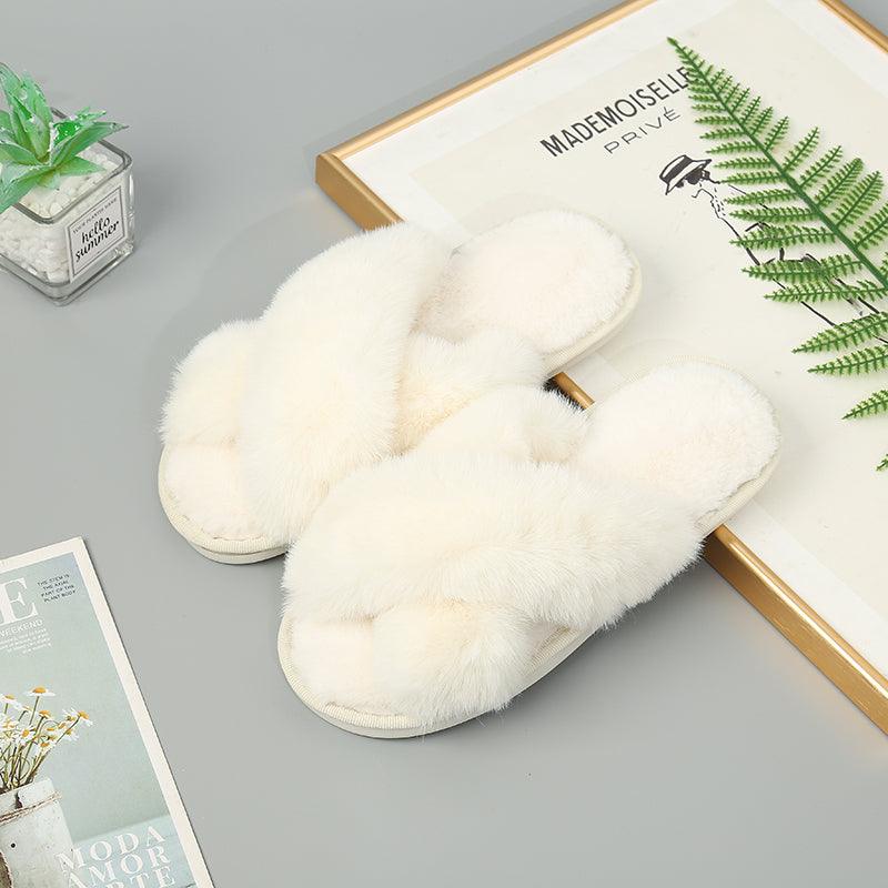 Faux Fur Crisscross Strap Slippers - Slippers