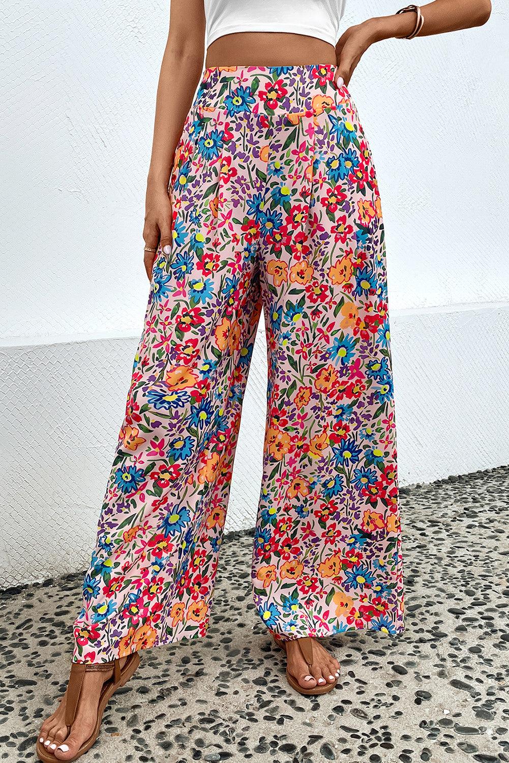 Floral Wide Leg High Waist Pleated Pants - Pant