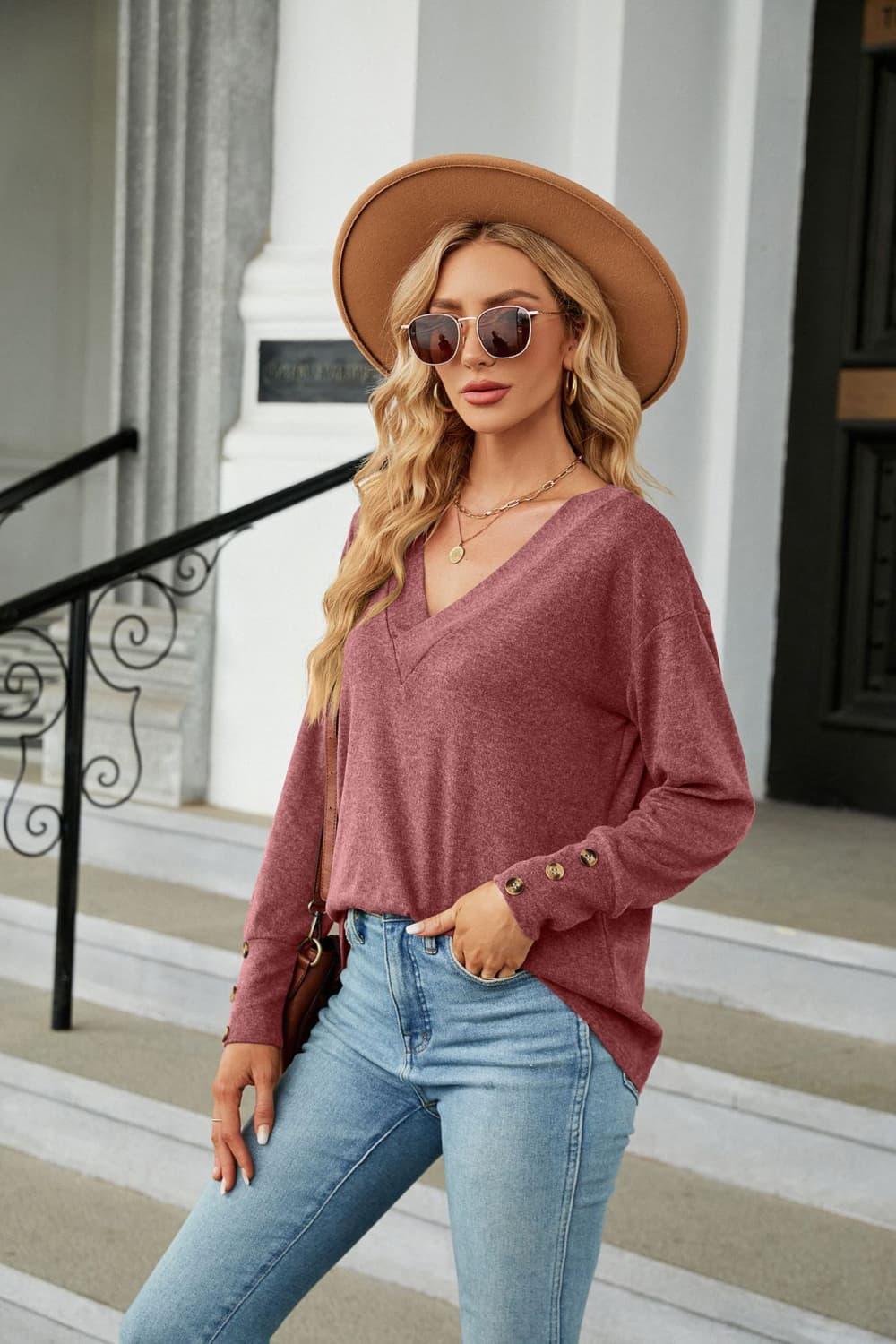 V-Neck Long Sleeve Top - Top