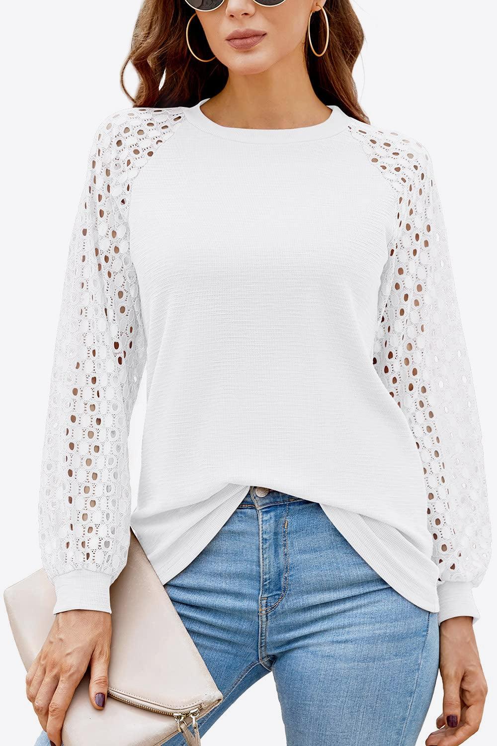 Eyelet Long Raglan Sleeve Round Neck Tee - Top