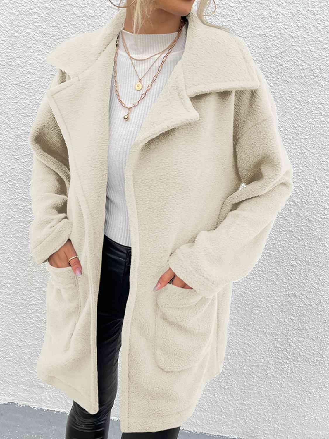 Dropped Shoulder Fleece Coat with Pockets - 