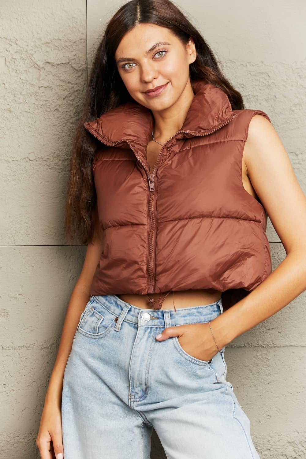 Zip-Up Drawstring Cropped Puffer Vest - Vest