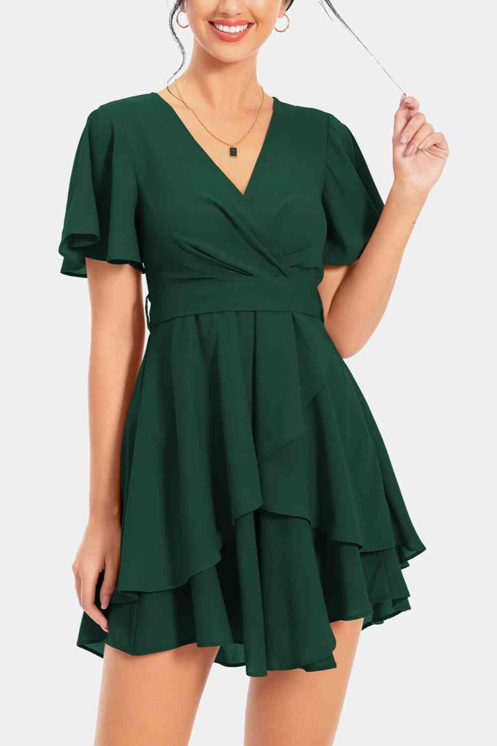 Surplice Neck Flutter Sleeve Mini Dress - Dresses