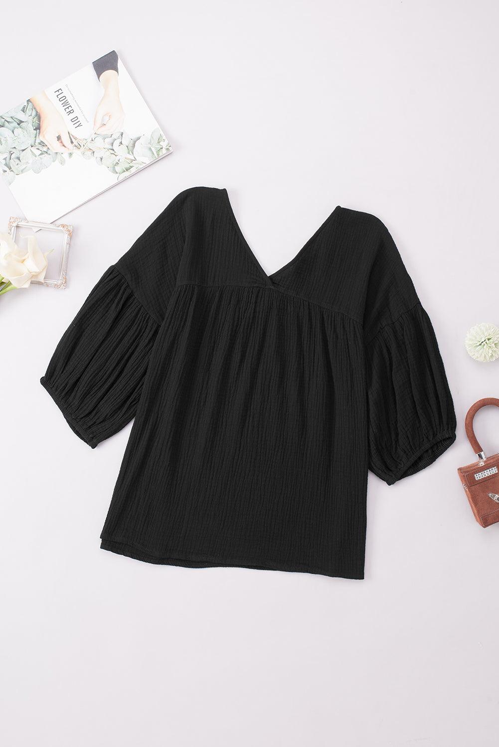 Dropped Shoulder V-Neck Long Peasant Sleeves Blouse - Blouse