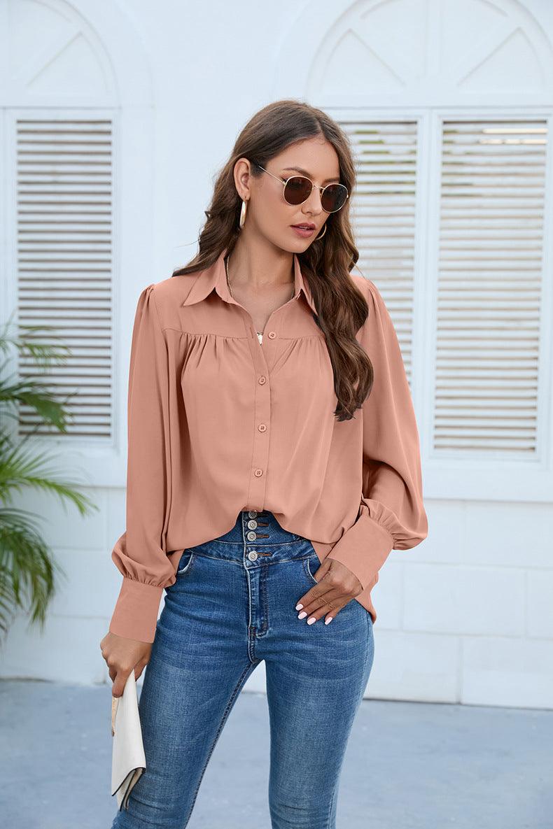 Puff Long Sleeve Collared Neck Ruched Shirt - Shirt