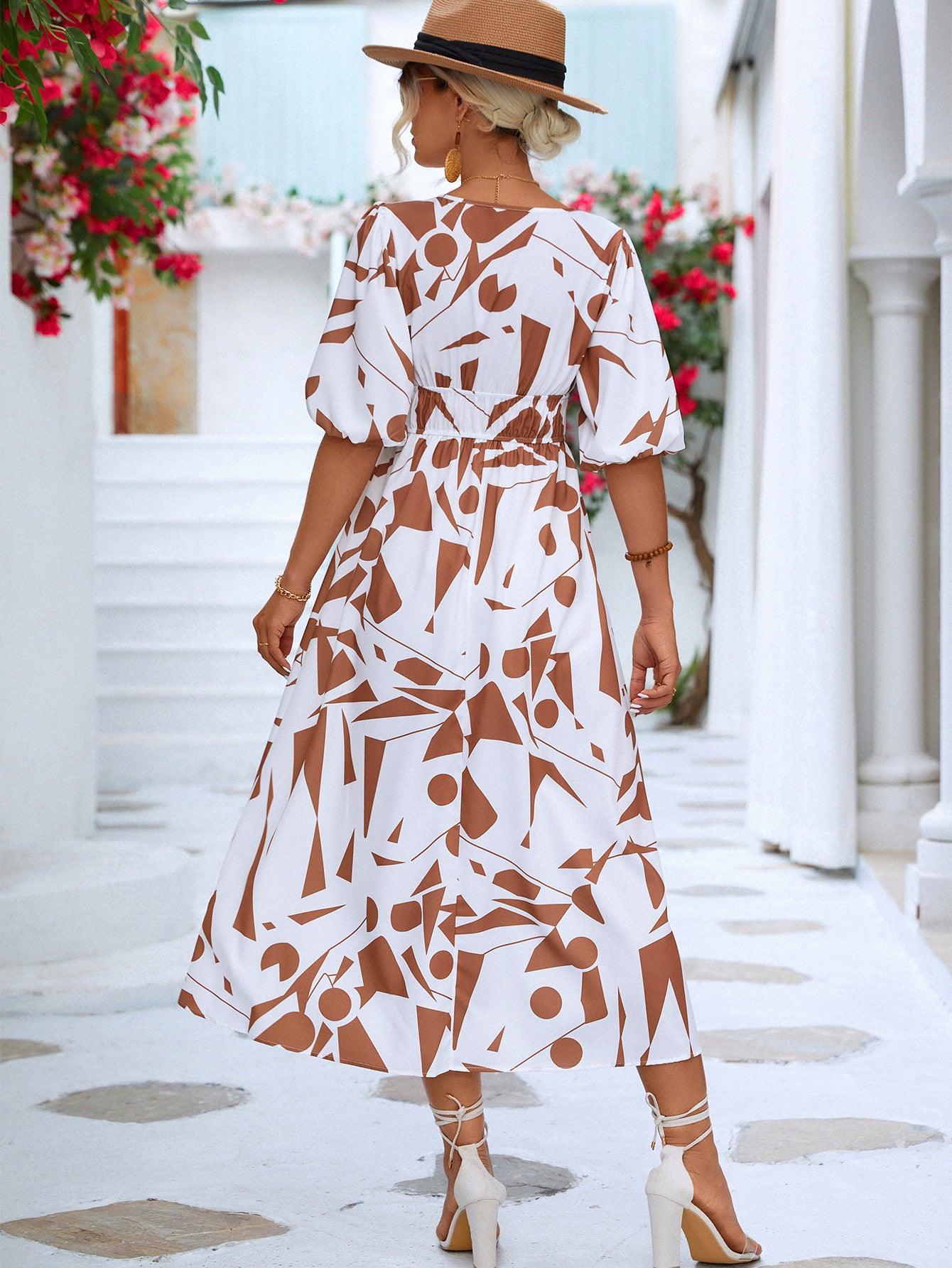 Printed Surplice V-Neck Balloon Sleeve Midi Dress - Dresses