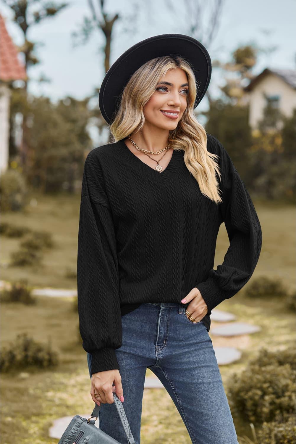 V-Neck Dropped Shoulder Long Sleeves Top - Top