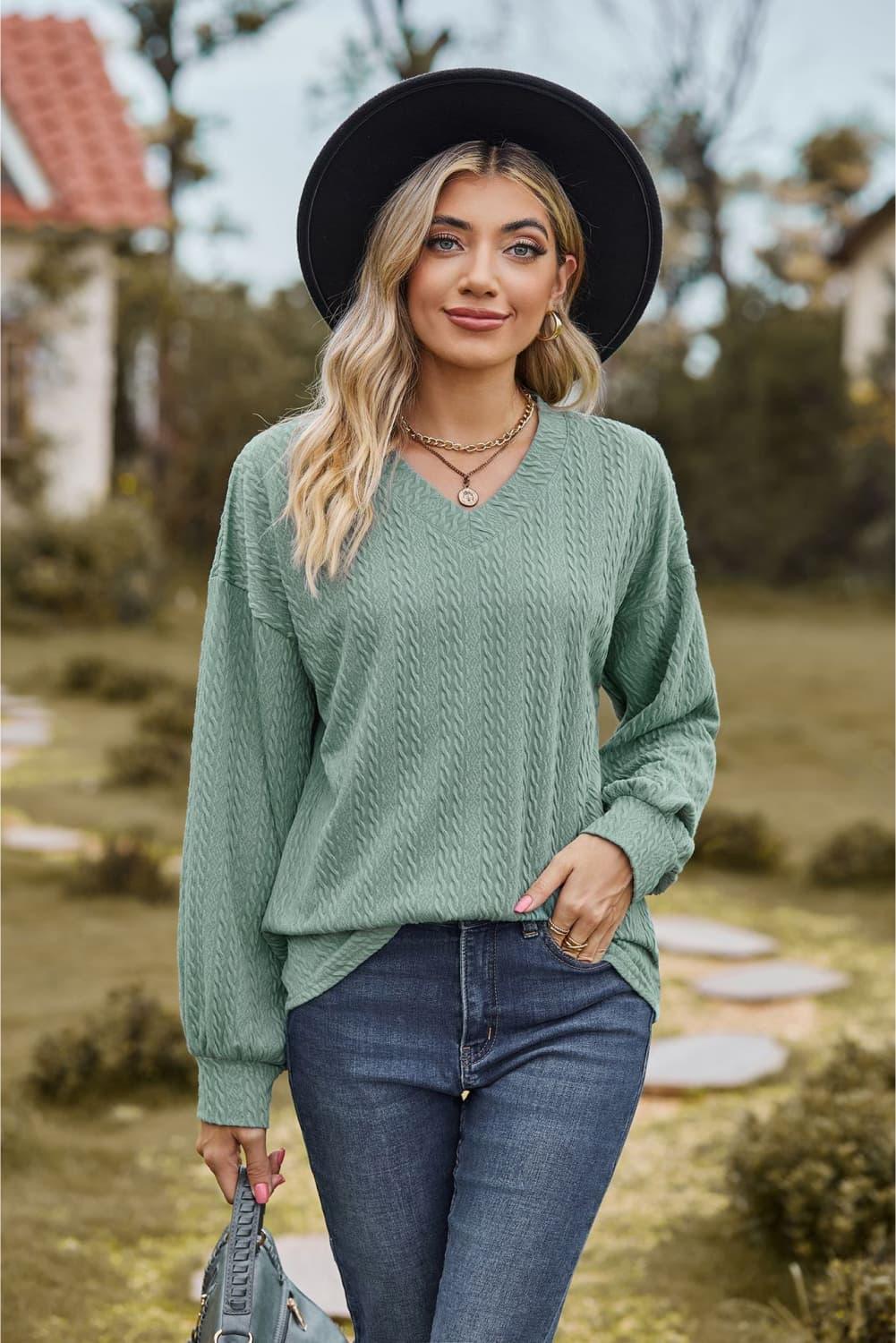 V-Neck Dropped Shoulder Long Sleeves Top - Top