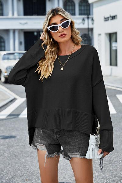 High-Low Slit Round Neck Sweater - Sweater