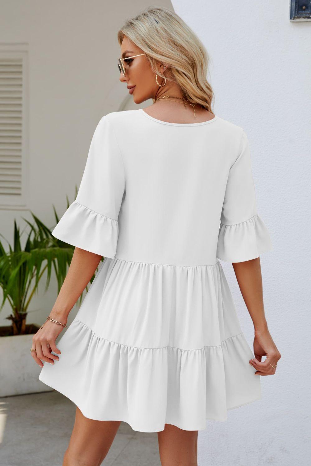 Tied Flounce Sleeve Tiered Mini Dress - Dresses