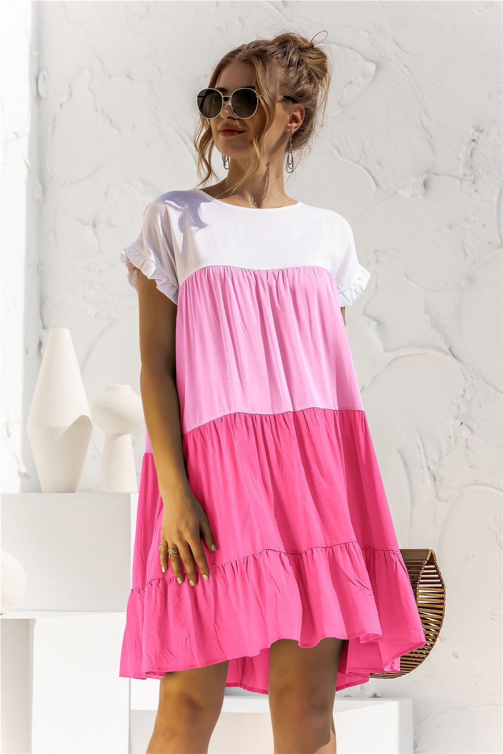 Color Block Round Neck Ruffle Hem Tiered Short Dress - Dresses