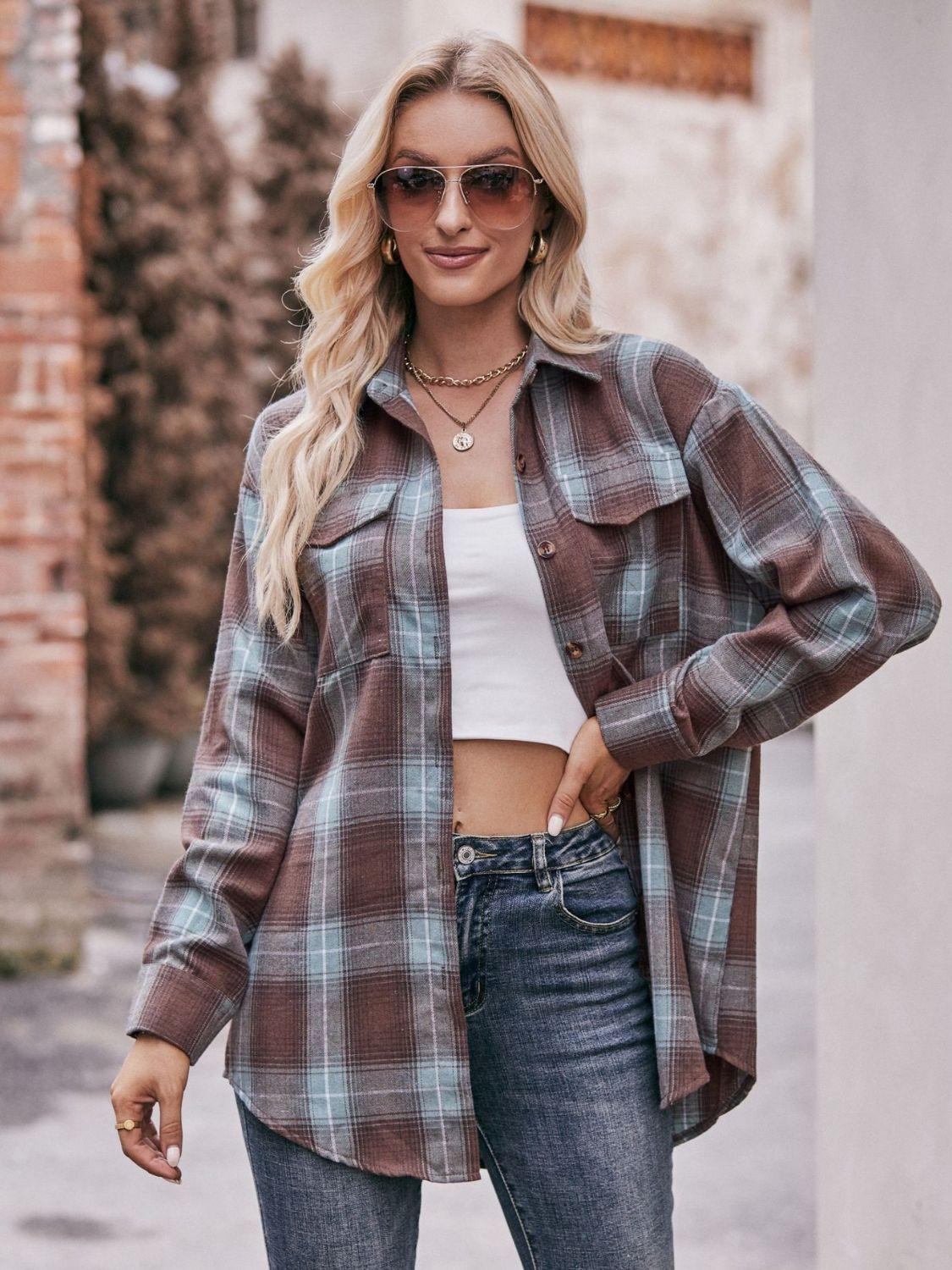 Plaid Dropped Shoulder Longline Oversized Shirt - Shirt