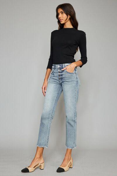 Kancan High Waist Raw Hem Cropped Straight Jeans - Jeans