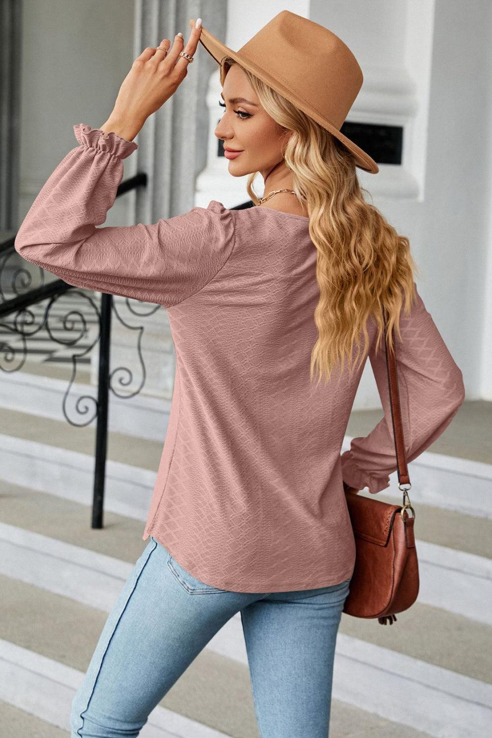 Round Neck Long Flounce Sleeve Top - Top