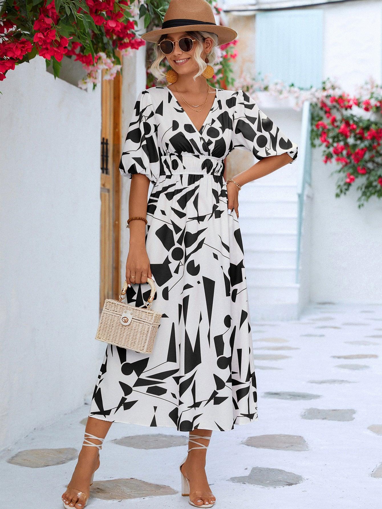 Printed Surplice V-Neck Balloon Sleeve Midi Dress - Dresses