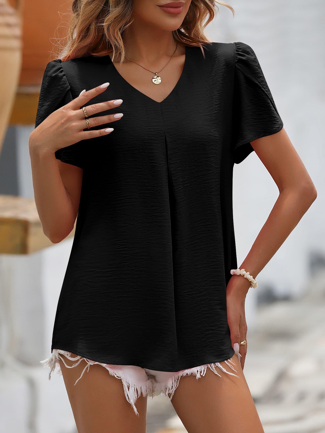 Ruched V-Neck Short Petal Sleeve Top - Top