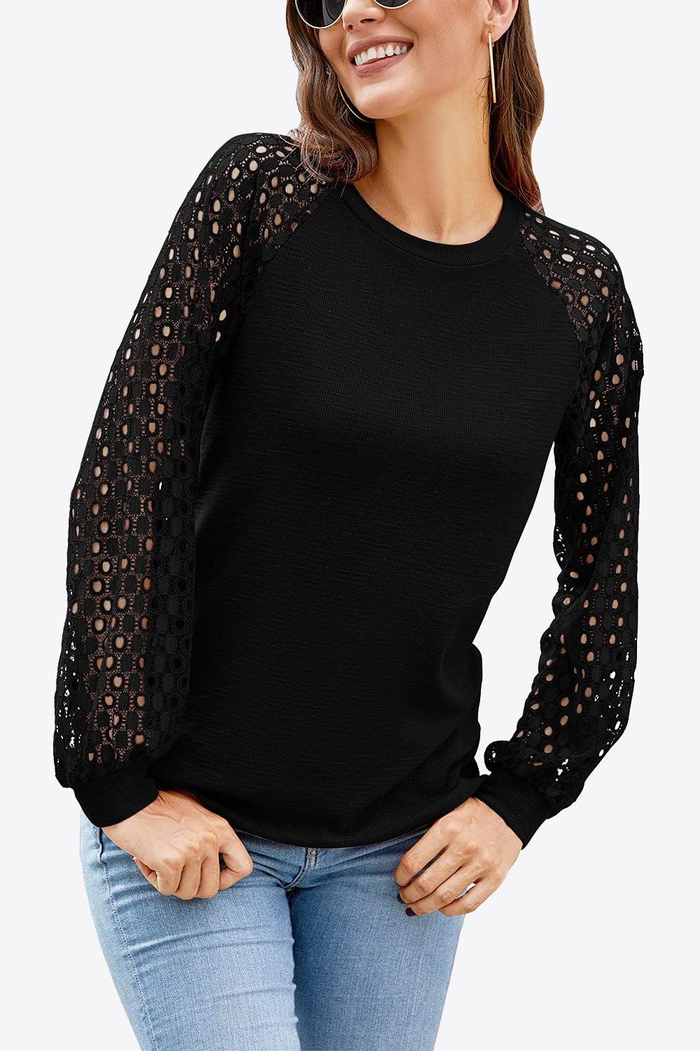 Eyelet Long Raglan Sleeve Round Neck Tee - Top