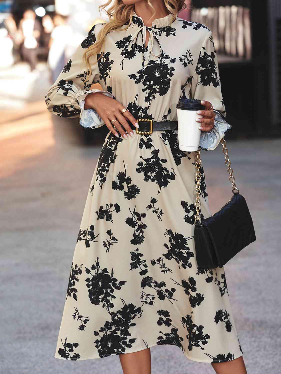 Floral Tie Neck Flounce Sleeve Midi Dress - Dresses