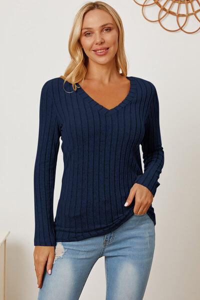 Basic Bae Ribbed V-Neck Long Sleeve Top - Top