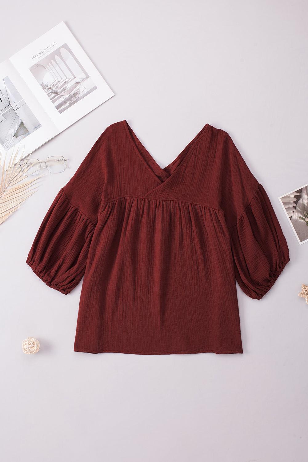 Dropped Shoulder V-Neck Long Peasant Sleeves Blouse - Blouse