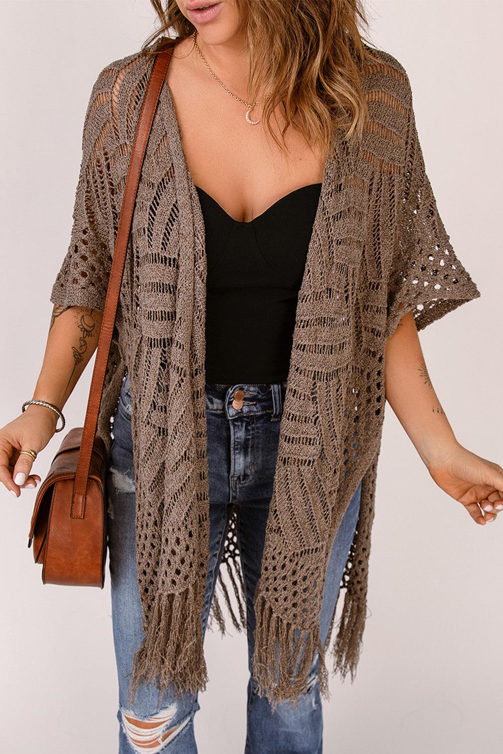 Open Work Fringe Hem Slit Open Front Cardigan - Cardigan