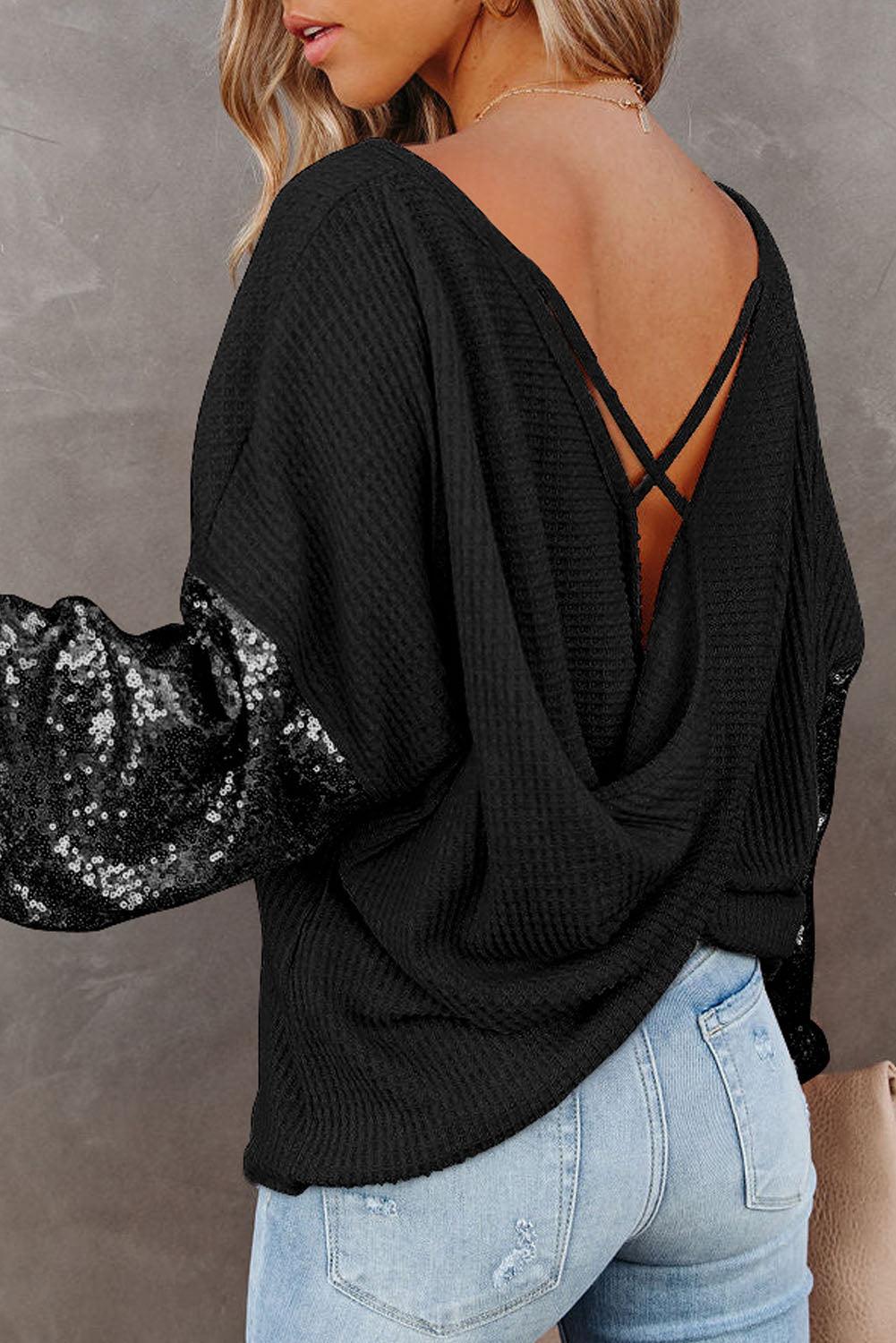 Sequin Waffle-Knit Blouse - Blouse