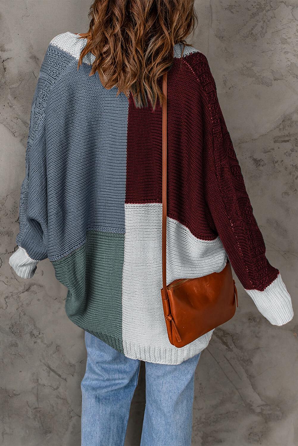 Woven Right Color Block Cable-Knit Batwing Sleeve Cardigan - Cardigan