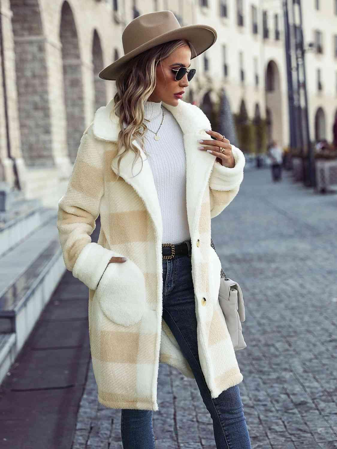 Plaid Button Down Coat with Pockets - Coat